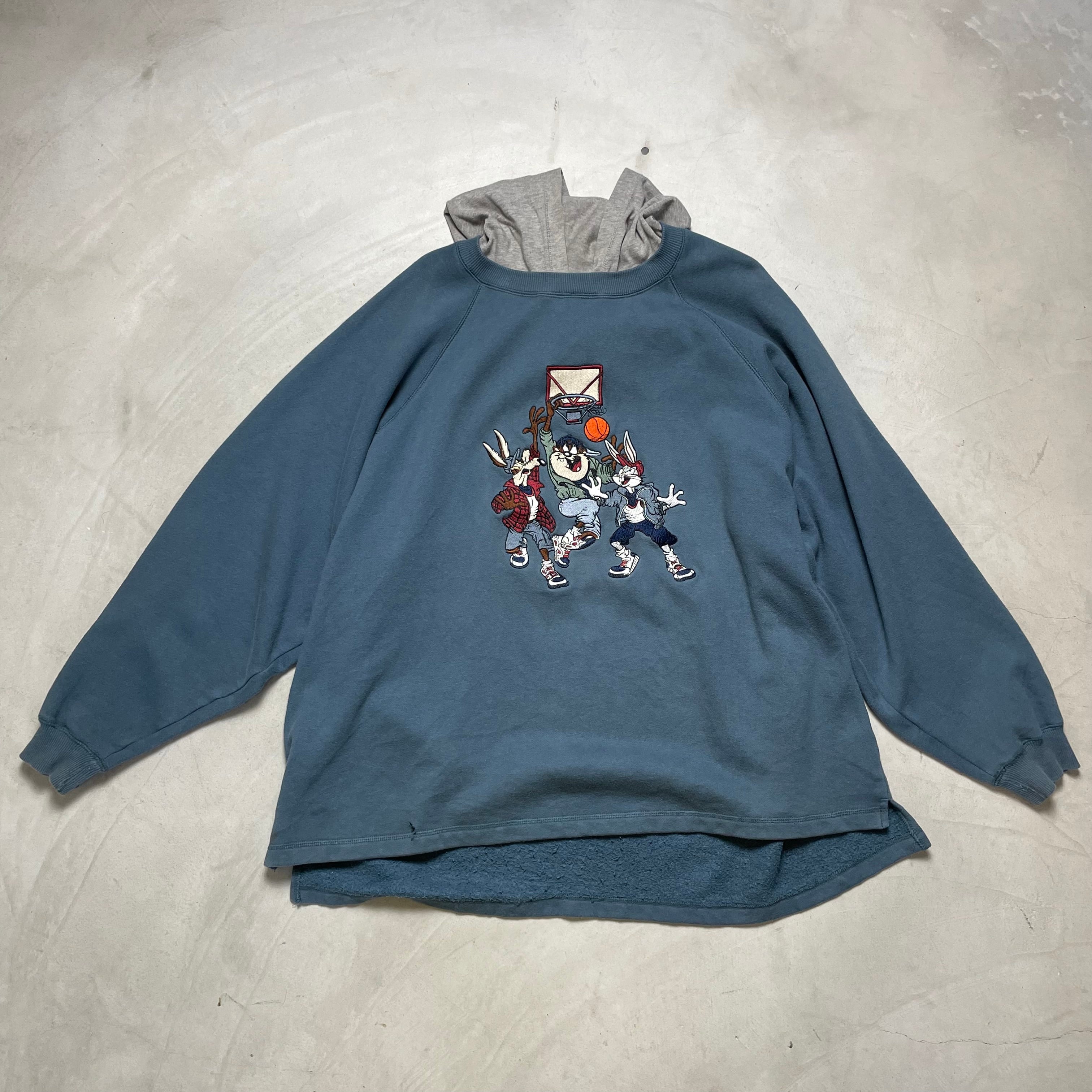 ワーナーブラザーズ ビッグサイズ 刺繍スウェット パーカー フーディ スウェット メンズWARNER BROS XL 90s 古着 ブルー