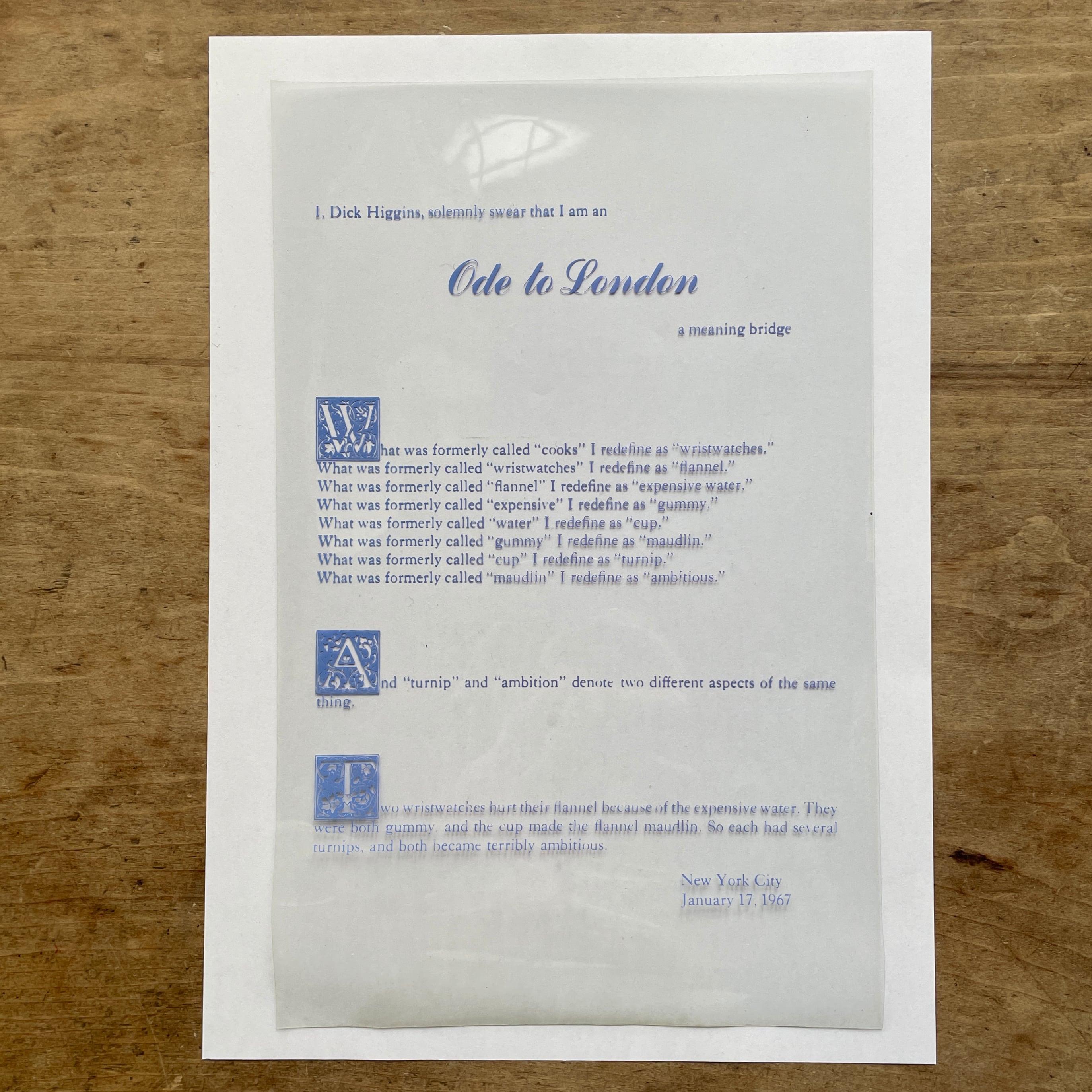 【マルチプル】ディック・ヒギンズ 　Dick Higgins 　Ode to London.　SMSポートフォリオからの単品  1968 The Letter Edged in Black Press [31019617]