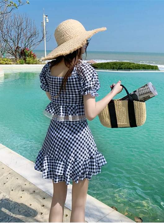送料無料】3色 水着 レディース ビキニ 上下セット ギンガムチェック かわいい 体系カバー ラブリー 袖あり 韓国 水着 ビスチェ フリル リボン レース ハイウエスト ティアードスカート スカパン ミニスカート チェック柄 ピンク 水色 ライトブルー 青 ブルー グリーン ... レディース 水着 上下セット チェック グリーン オルチャン