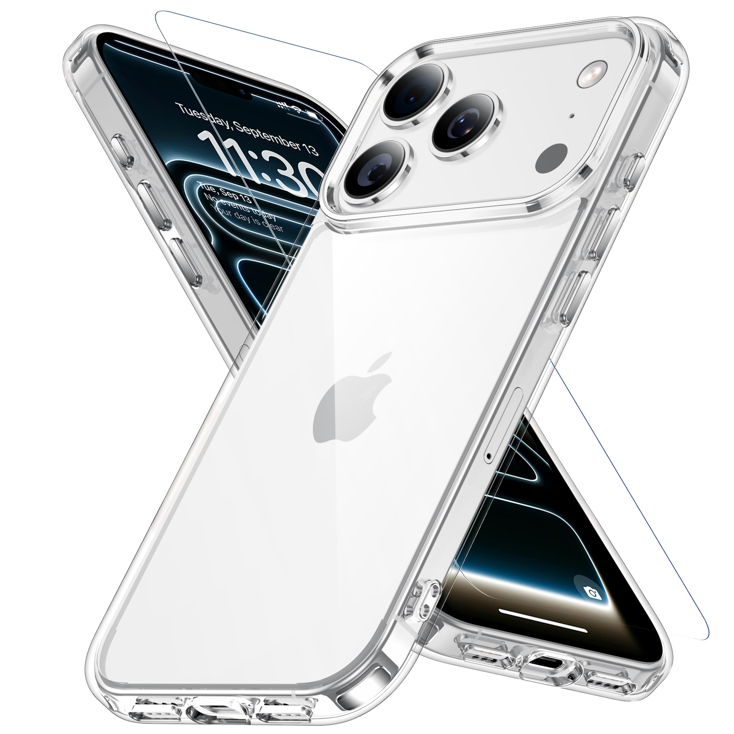 iPhone 17 Pro用 ケース クリア ガラス保護付き 黄変防止 アイフォン17 プロ用 耐衝撃 指紋防止 落下防止 6.3インチ