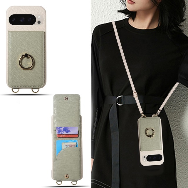 ピクセル10 pro ケース ショルダー for pixel 10 用 ストラップ タイプ かわいい おしゃれ PUレザー ミラー 鏡 スマホケース googleピクセル 用 半包バンパー 携帯 スマホカバー カード入れ 肩掛け 紐 大人 女子 (グリーン ホワイト, Google Pixel 10 pro)