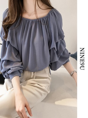 balloon-sleeve drape chic bouse 2color【NINE-T0150】