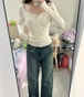 4色／小花柄ドッキングヘンリーネックトップス ・78614