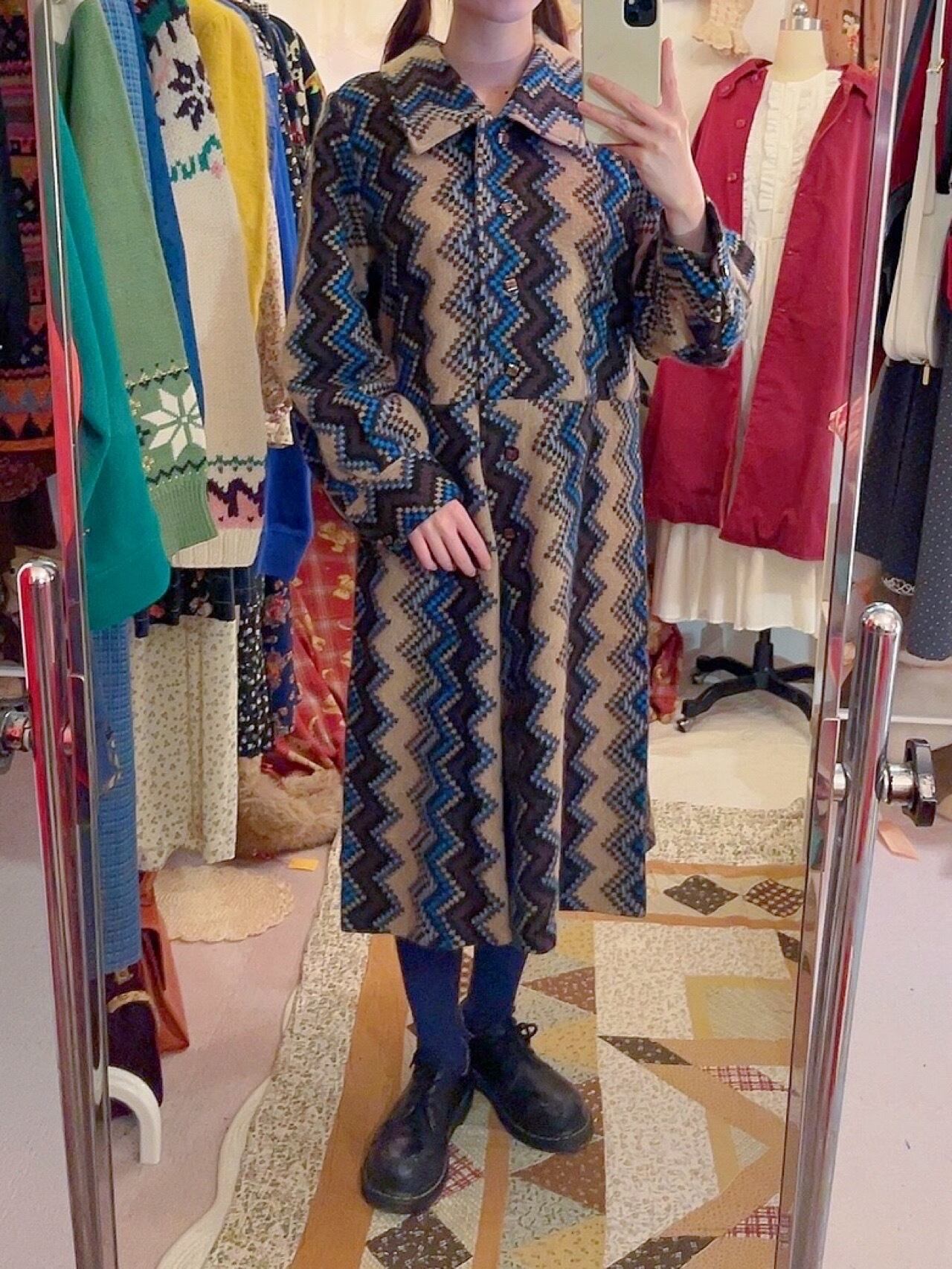 blue brown zigzag wool one-piece