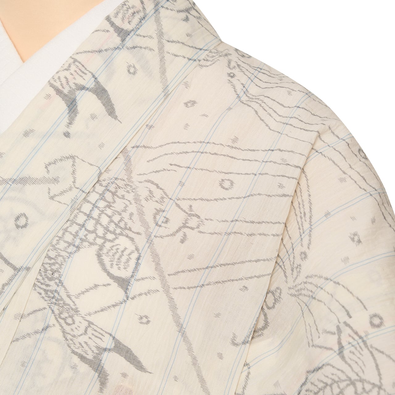 魚と亀の絵絣模様 小千谷ちぢみ 麻単衣着物【未着用品】 | かわの屋