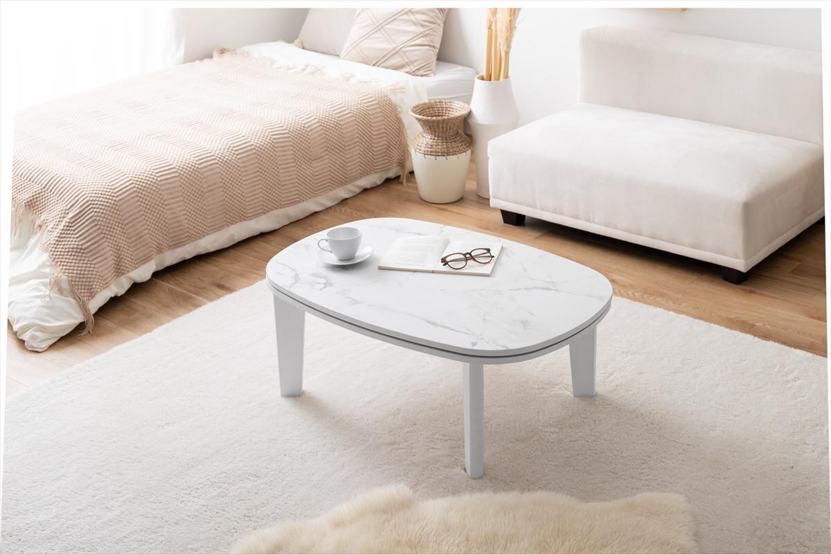 【楕円形:天板 90cm×60cm】こたつテーブル　マーブルホワイト ◯ 【楕円形:天板 90cm×60cm】こたつテーブル | Penguin`s Garage