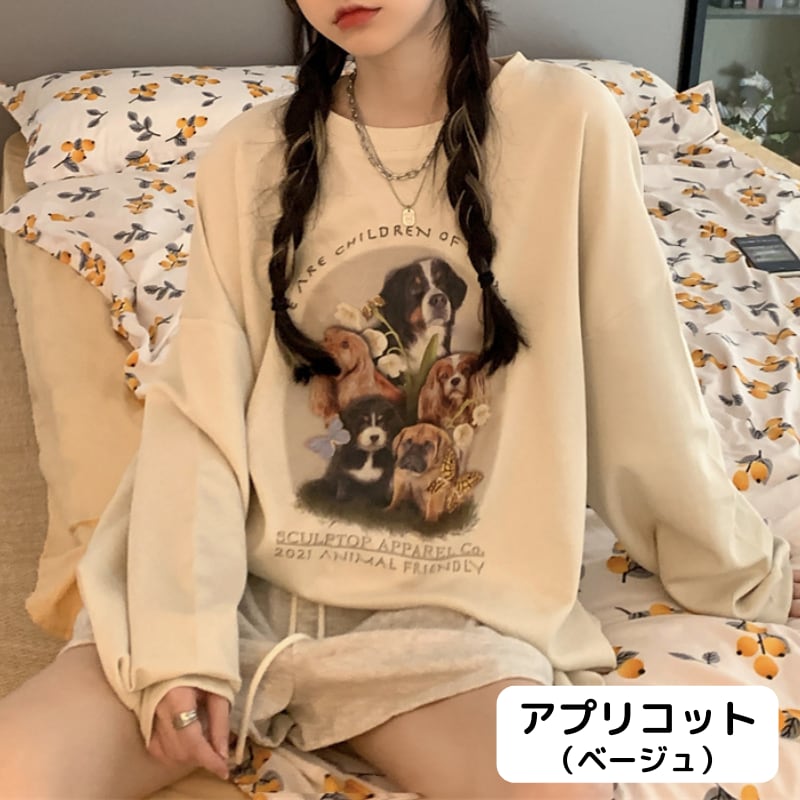 可愛い わんこ トップス オーバーサイズ ドッグ プリント スウェット プルオーバー 犬 いぬ アニマル 古着 女子 韓国 カジュアル Lamitte Deco トレンド 韓国ファッション ショップ Base店