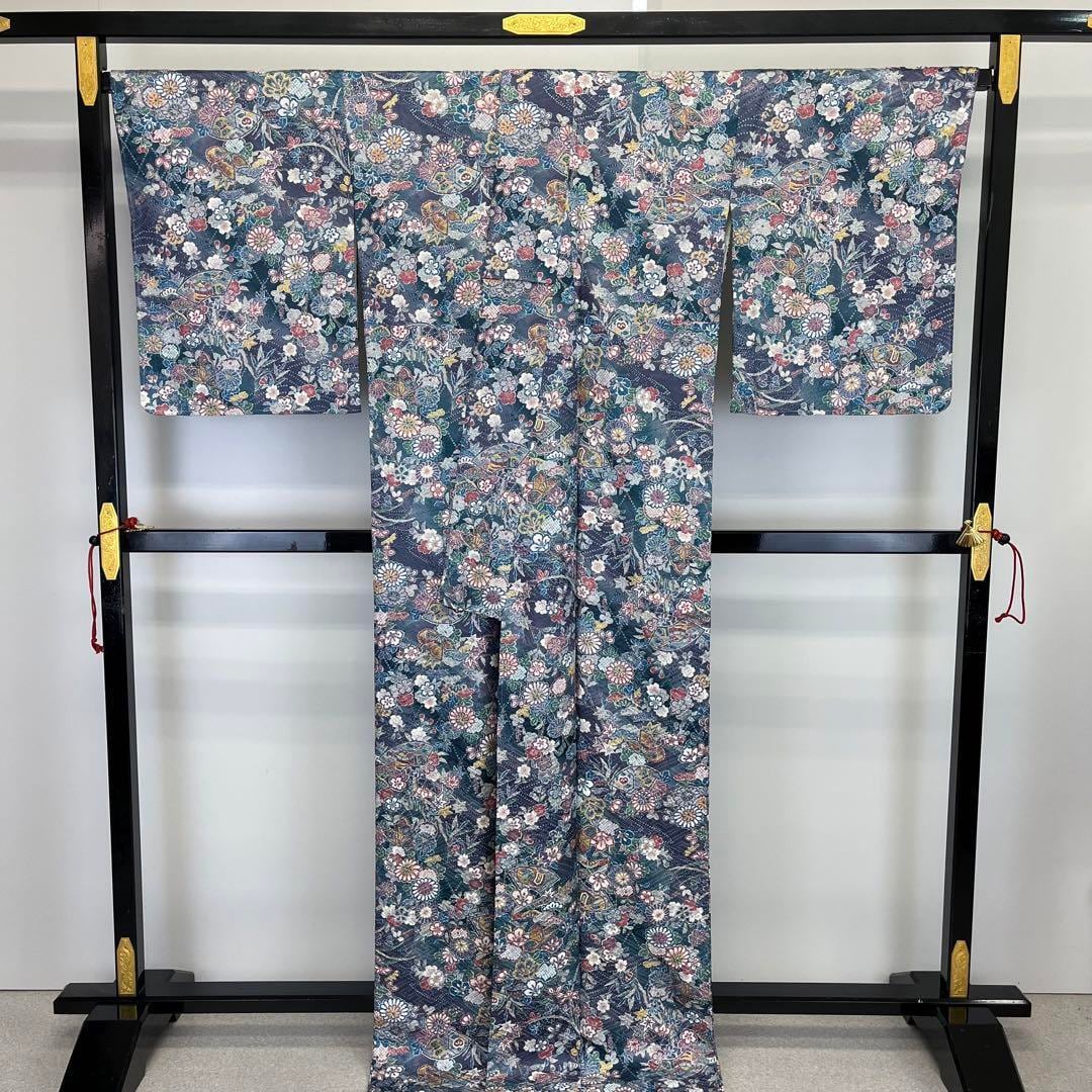 小紋 色鮮やかな花柄模様 金彩 鳩羽紫色 トールサイズ しつけ糸 K-3778