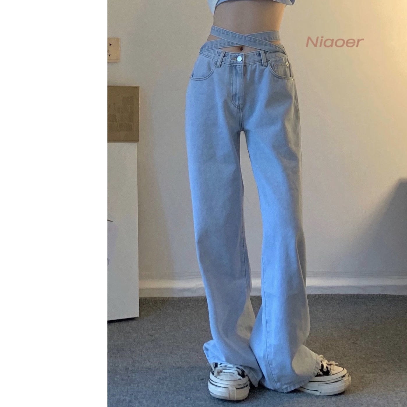 【新作】【送料無料】 ホットガールスタイルスモールウエストライトブルーストラップ床長さのワイドレッグジーンズ女性のための 2021 夏ハイウエスト痩身多目的ストレート 036733301056