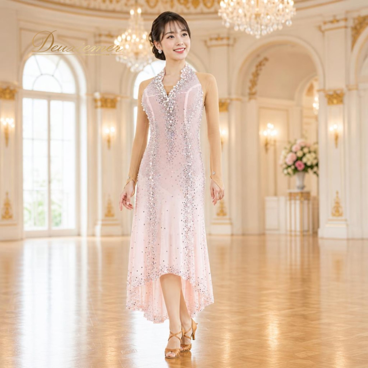 社交ダンス 衣装 ドレス ワンピース ラテン ピンク系 ベージュ系 ピンク ベージュ レース デモ 競技 ダンス パーティ 発表会 おしゃれ 華やか 個性的 明るい レディース 上品 舞台衣装