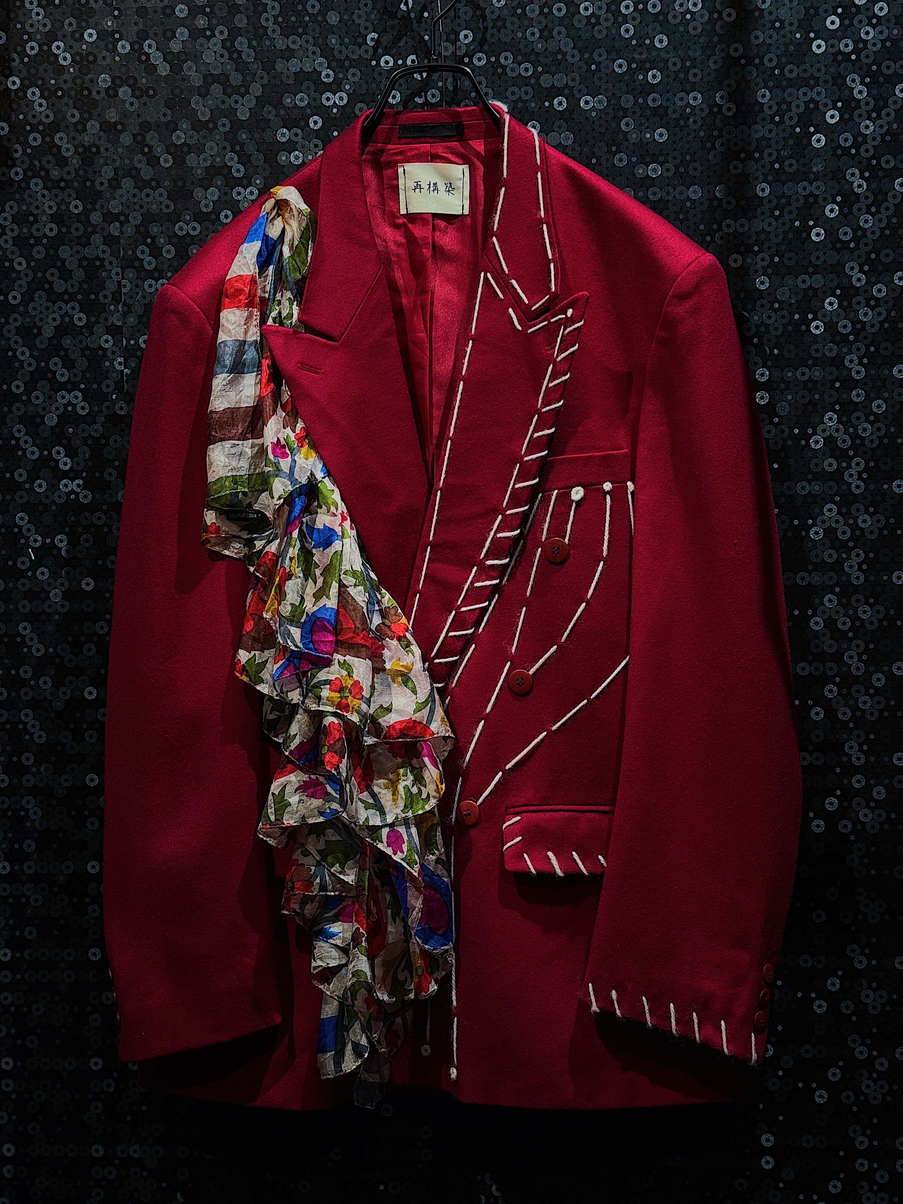 "再倖築"vintage stitch frill docking red tailored jacket