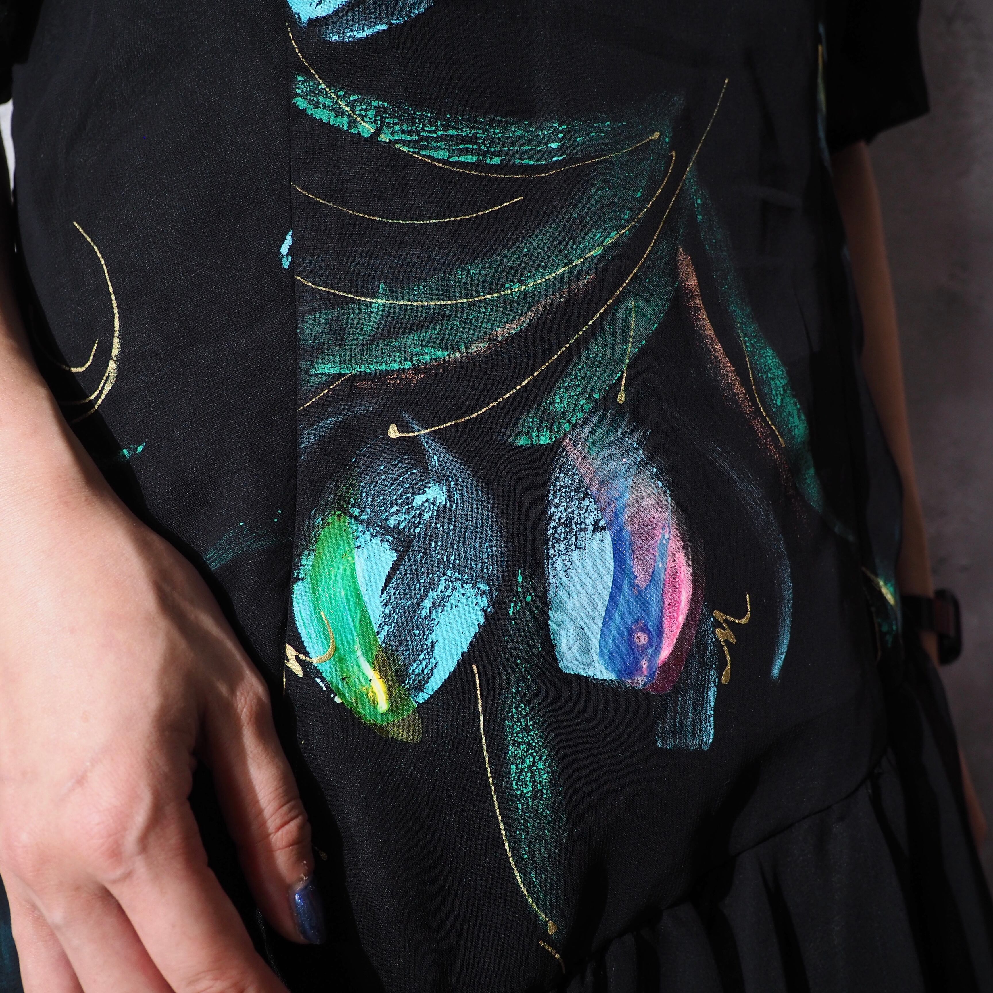 cold flower painted × asymmetry frill vintage onepiece dress