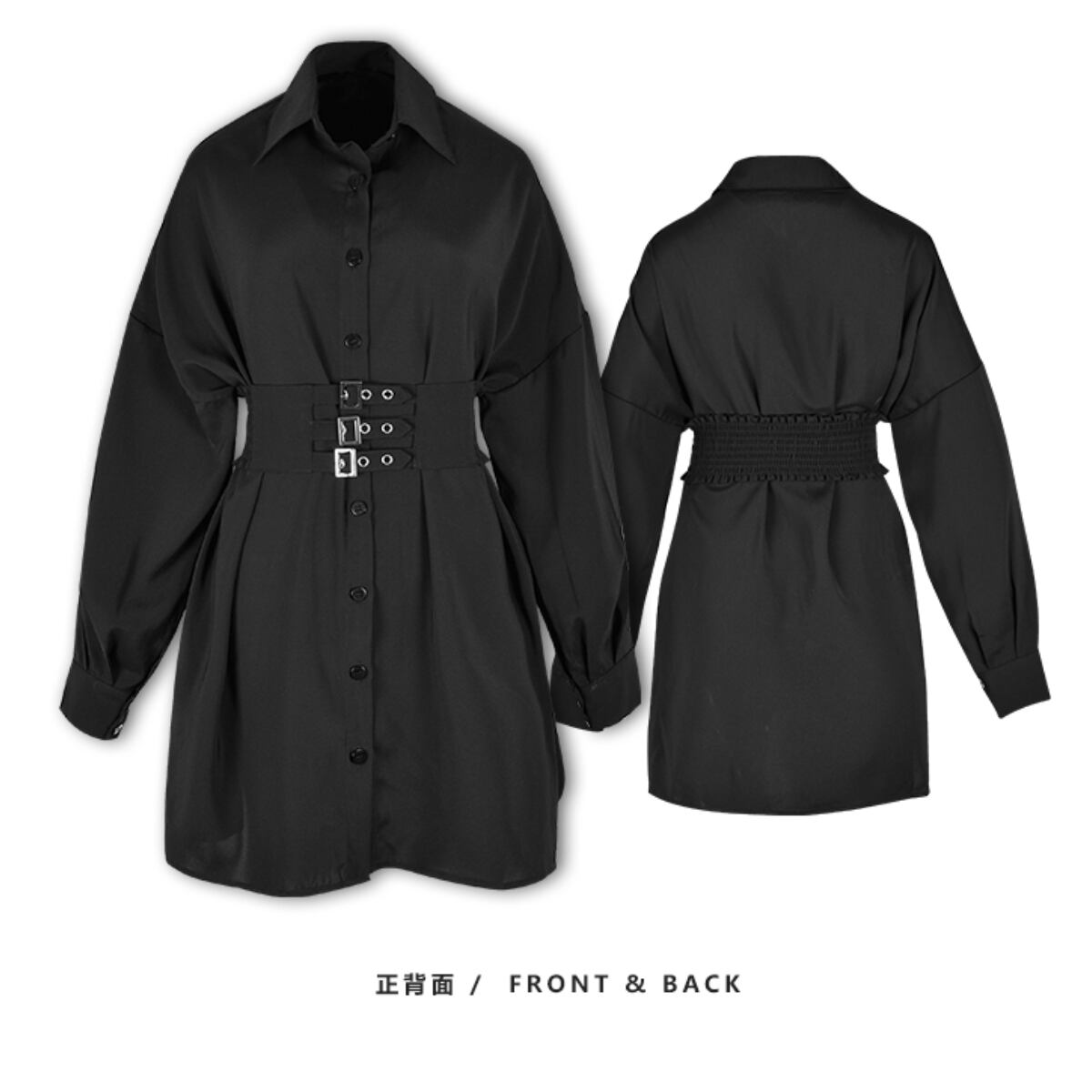 ワンピース レディース 黒 シャツワンピース ブラック ゆったり 大きいサイズ ベルト付き ｖ系 パンク ロック ヴィジュアル系 ゴスロリ Lady Oliver