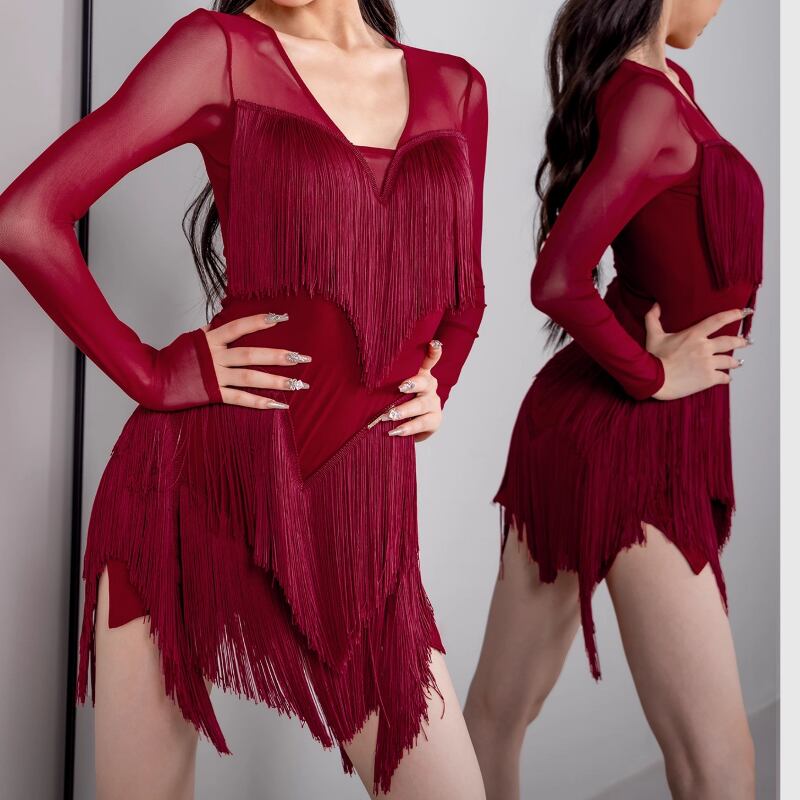 フリンジ ロングスリーブ ミニ ダンスワンピース ds1199