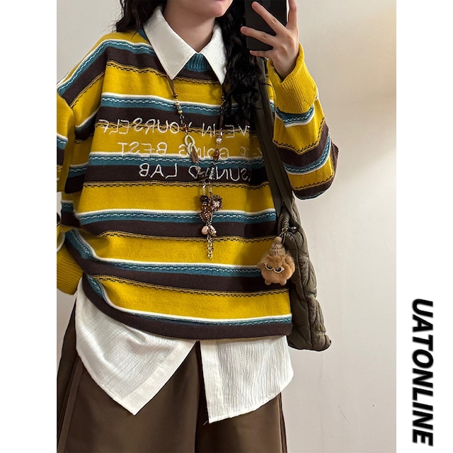 【UATONLINEシリーズ】★セーター★ 2color ニットトップス ユニセックス 横縞 縞模様黄 緑 配色