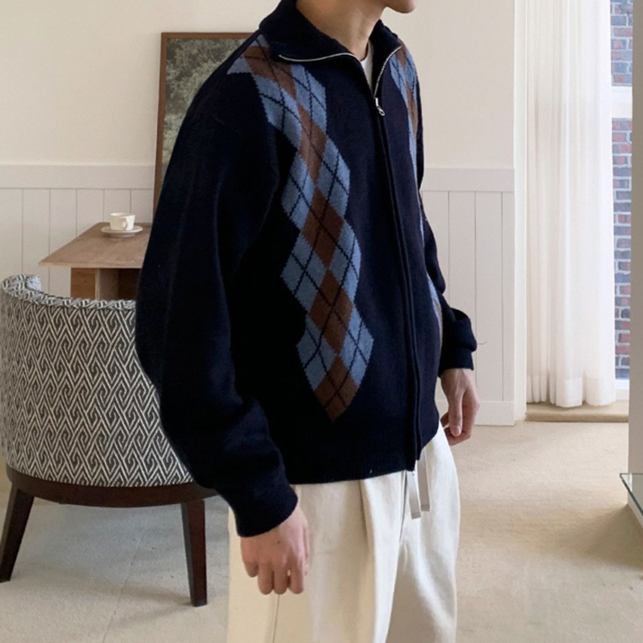 アーガイルジップアップニットカーディガン　MT0080387