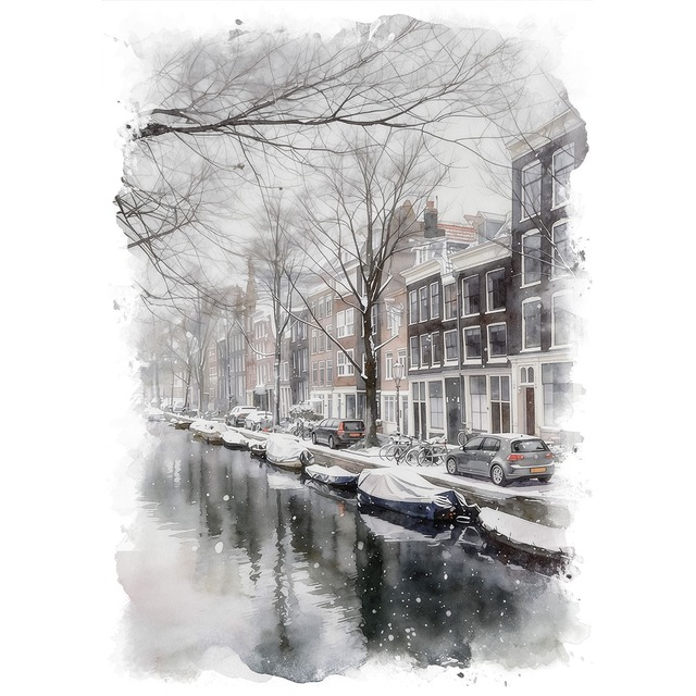 絵画 風景画(街並み) 冬 雪のオランダ アムステルダム インテリアアート額付き 水彩画・油絵調 WAT0611