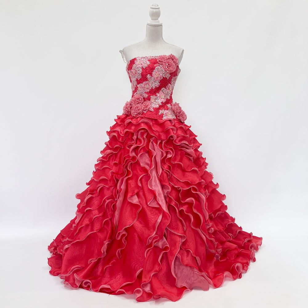 中古 カラードレス 朱赤 7~11号FT Aライン 撮影衣装 結婚式 二次会 ステージドレスなどに C-265