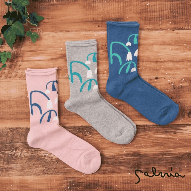 サルビア salvia 靴下 レディース ソックス ふんわりくつした ゴムなし コットン ブランド 履き心地 保温性 発汗性 おしゃれ かわいい ナチュラル 日本製 花柄 ギフト プレゼント ブルー ピンク グレー 22-25cm スノードロップ Sv026
