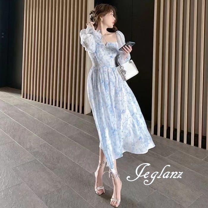 花柄 プリント ロング丈 ワンピース ドレス パフ袖 スクエア デコルテ見せ (M3271)α☆