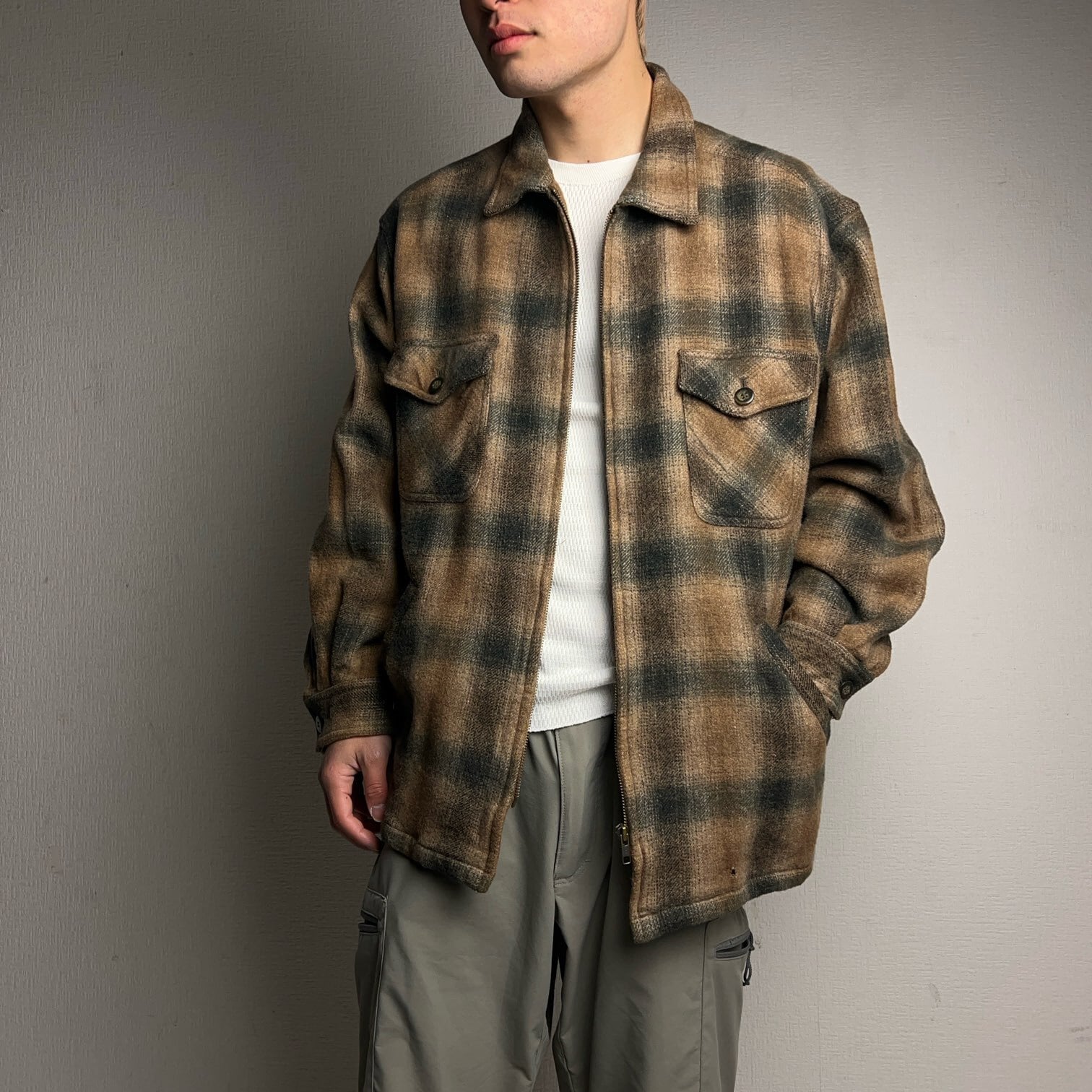 80s vintage】レーヨン100 ジップブルゾン 裏地チェック 短丈 80s