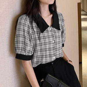 グレンチェック シャツ レディース 春夏 韓国 パフスリーブ トップス 大人 かわいい きれいめ おしゃれ ビジネス オフィス カジュアル 大人可愛い 大人女子