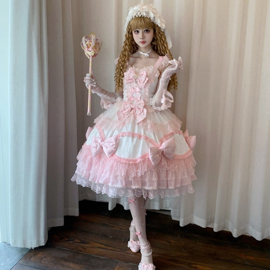 甘ロリ バックリボン レースフリル サックス ピンク お茶会 撮影会