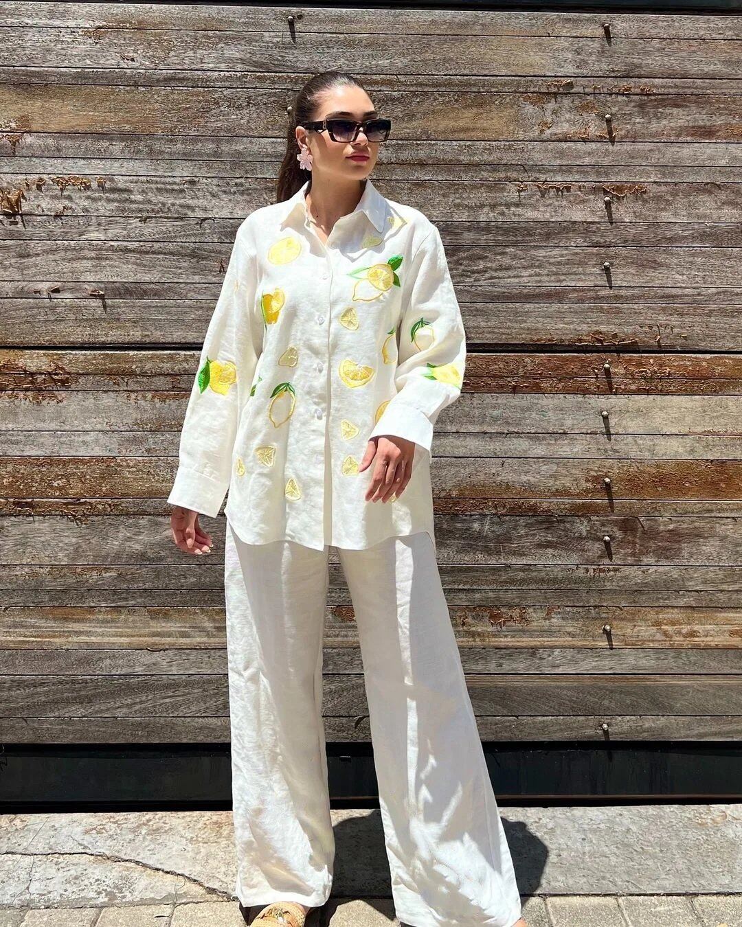 ファッション刺繍カジュアルパンツ衣装春の女性長袖ラペルシャツ + ハイウエストルーズワイドレッグパンツ 2 点セット