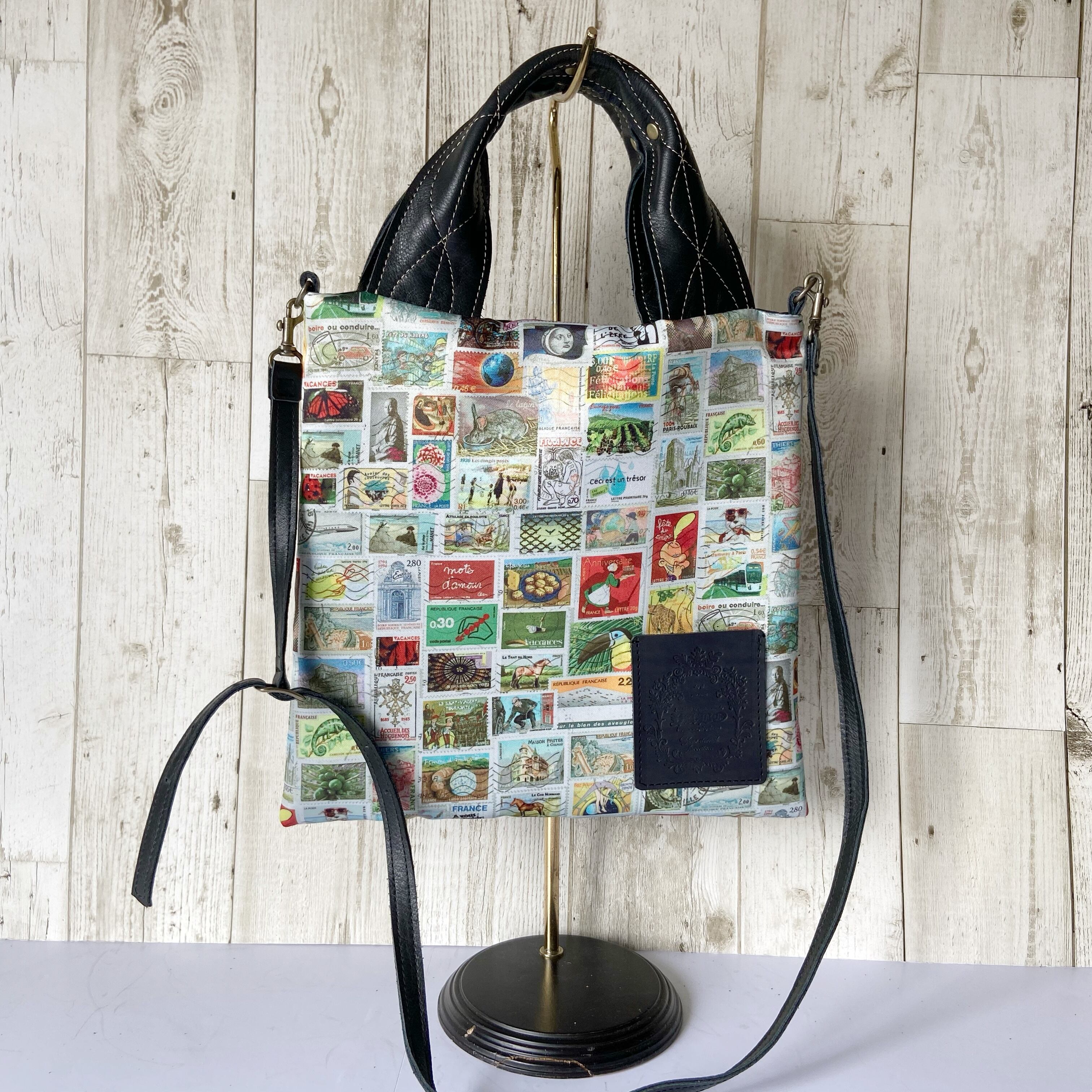 マチなしポシェット*切手プリント*ICカードポケット付*本革コンビ