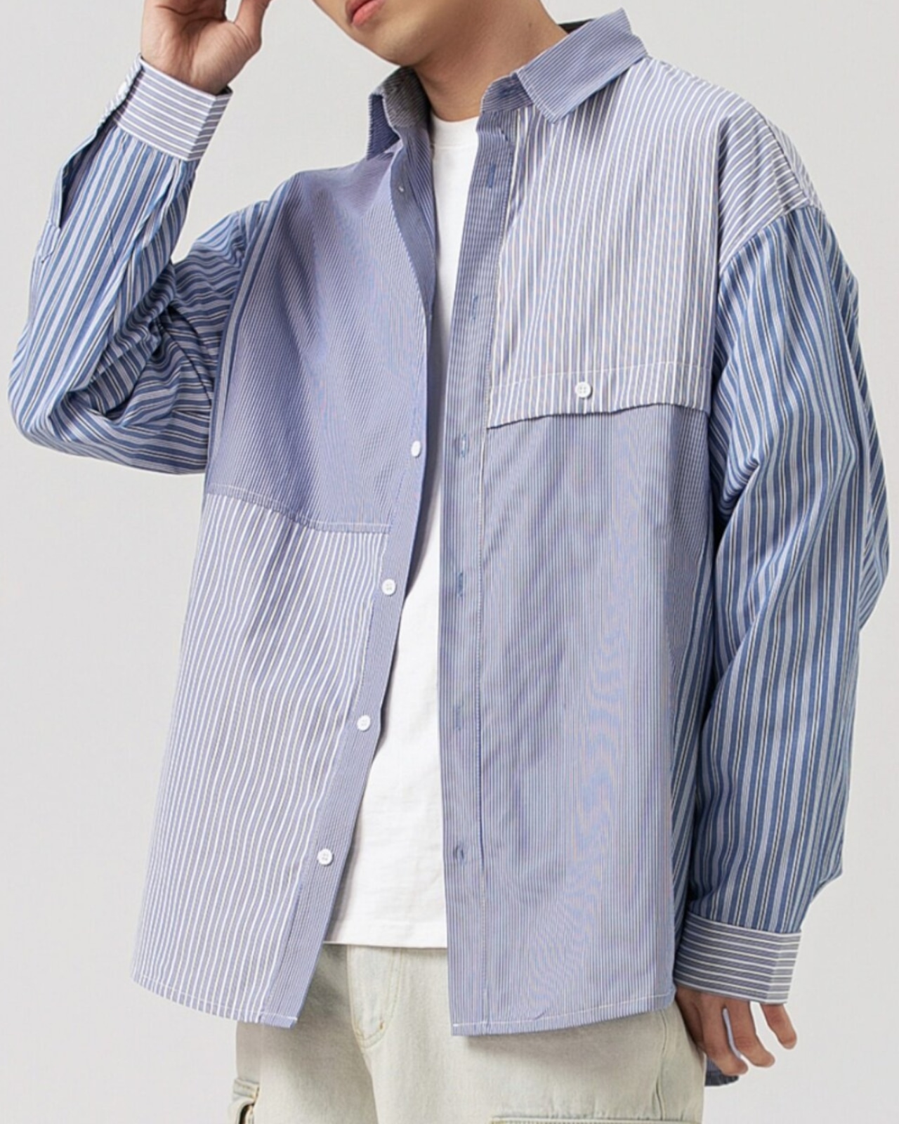 パッチワークストライプ柄シャツ　S0018