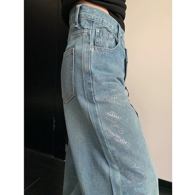アシメウエストラインレタリングワイドデニムパンツ 1col R02698