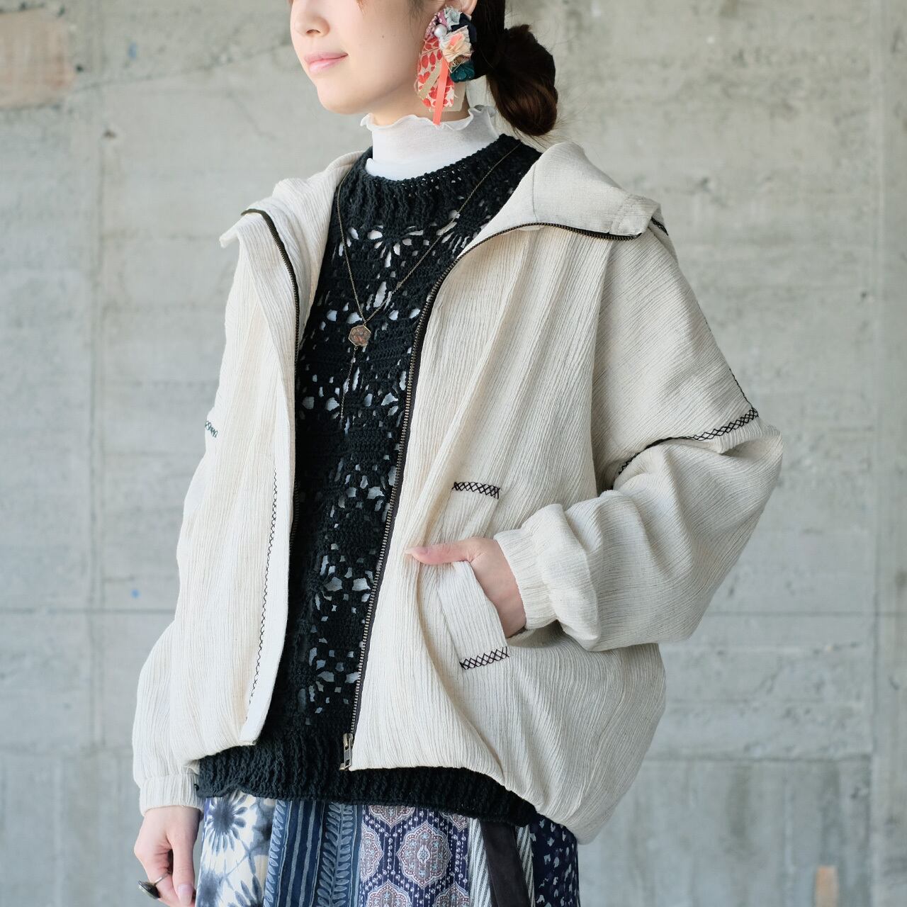 【再販】風合いを纏う◎軽アウターになるコットンクレープフーディージャケット(25s-05)エクリュ