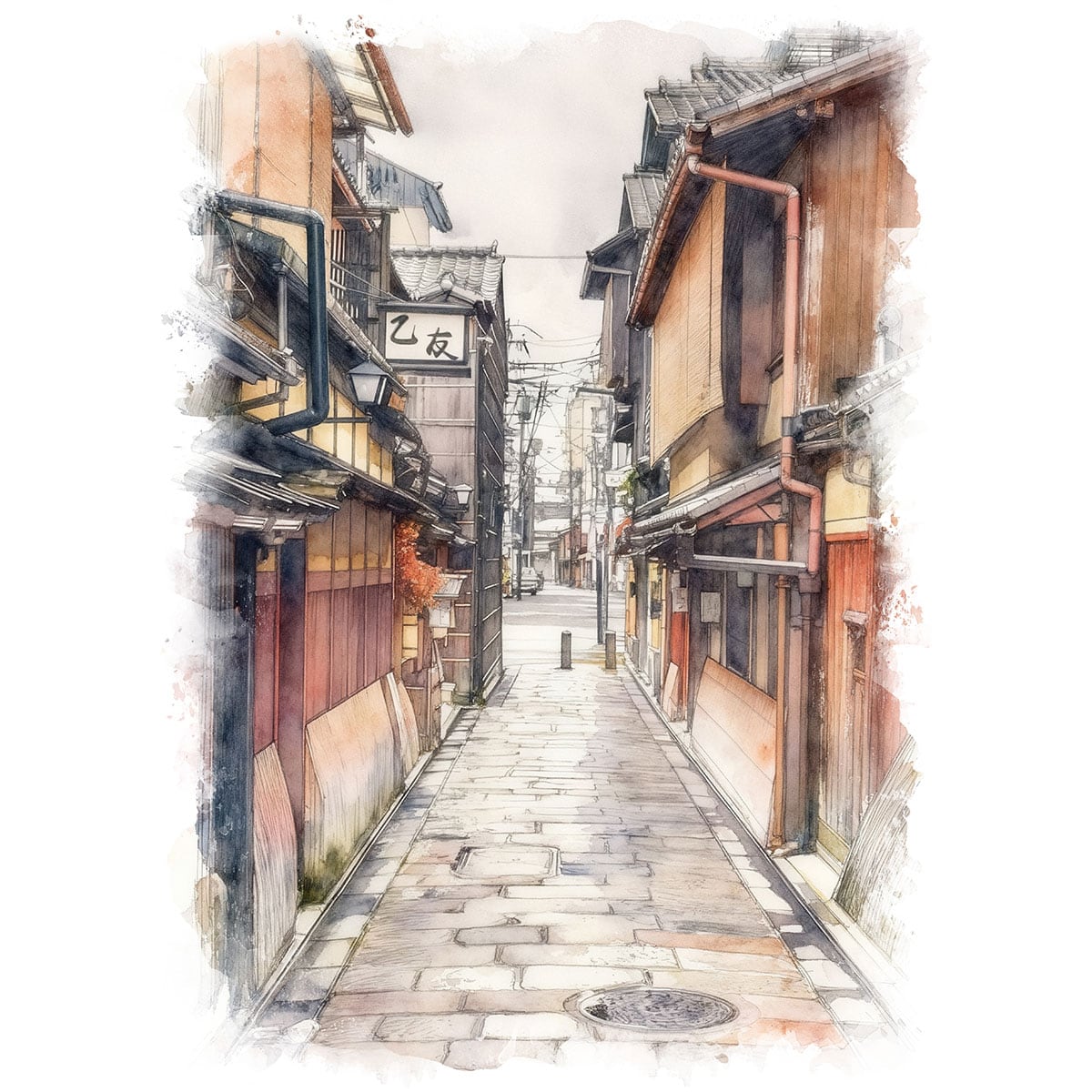 絵画 日本 京都府 東山区の街並み 風景画 インテリアアート額付き 水彩画・油絵風 WAT0181