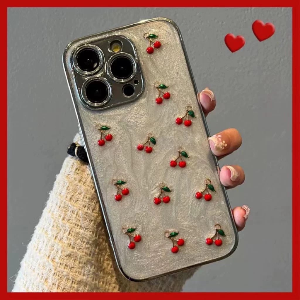 可愛いさくらんぼ◎高級感 ホワイトオーロラ 韓国ケース メタル