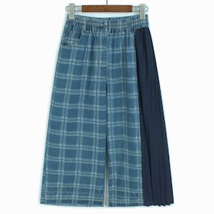 PLEATED CHIFFON PANEL CHECK WIDE LEG PANTS M-17912