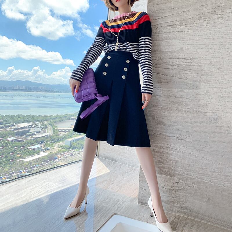 スタンダードダブルブレストハイウェストウェストソリッド カラープリーツスカート オータム レトロ 秋物 ソリッドカラー MIUCO97749297960