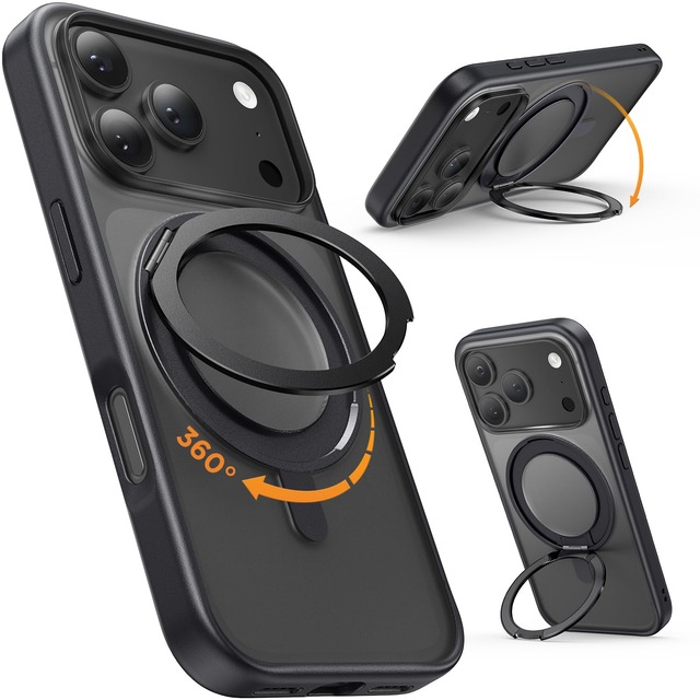 SURPHY iPhone 18 Pro/17 Pro 用スタンドケース 半透明 6.3インチ 360°回転可能なスタンド MagSafe対応 横縦両立 角度調整 隠し収納式 マグネット搭載 スマホケース iPhone 18 Pro/17 Pro用半透明マットケース(ブラック)