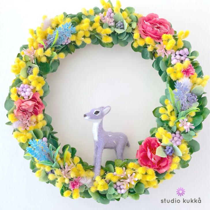 送料無料 直径26cm♡ミモザとユーカリのメルヘンリース パープルバンビ 