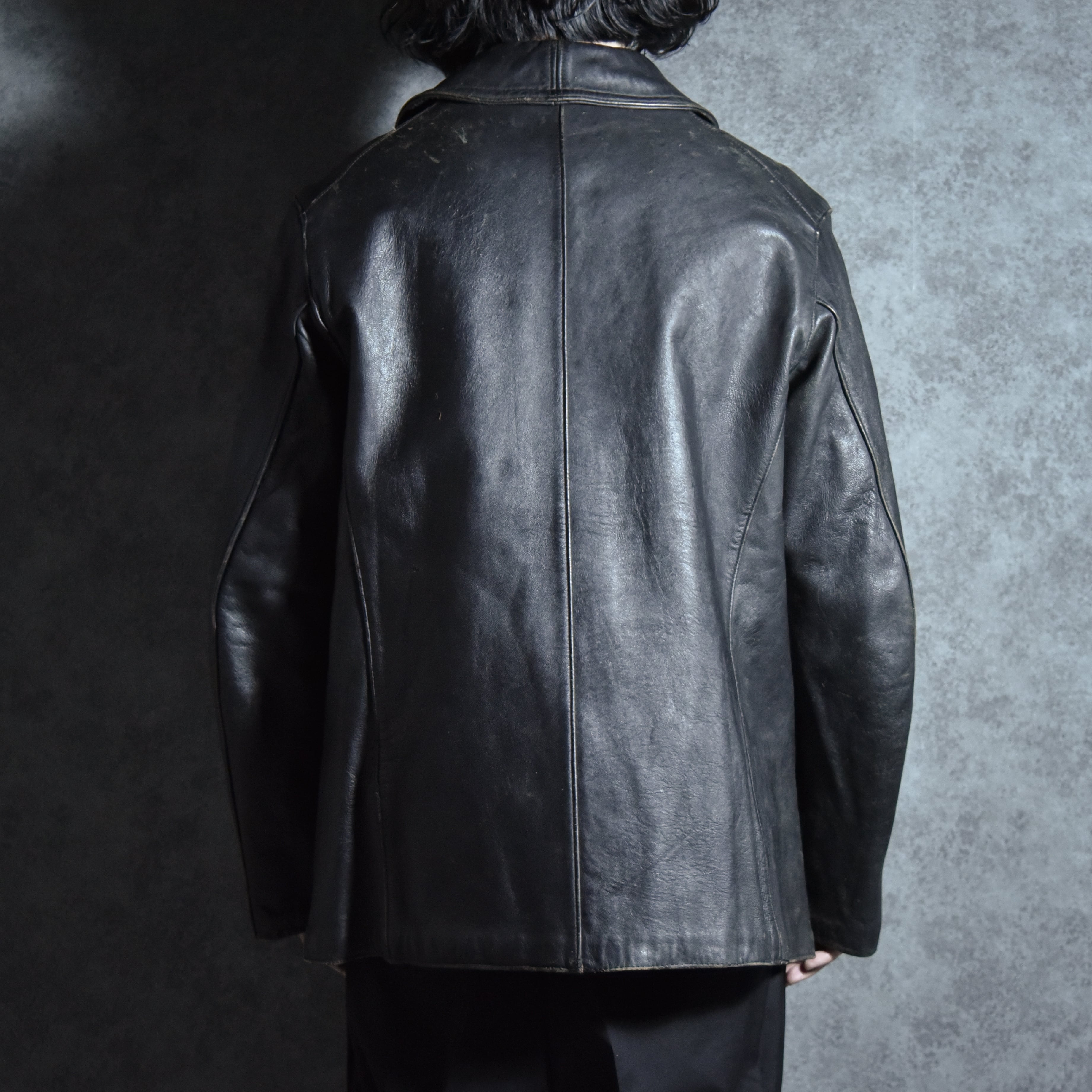 60-70s Le Corbusier Leather Double Breasted Jacket Black ル