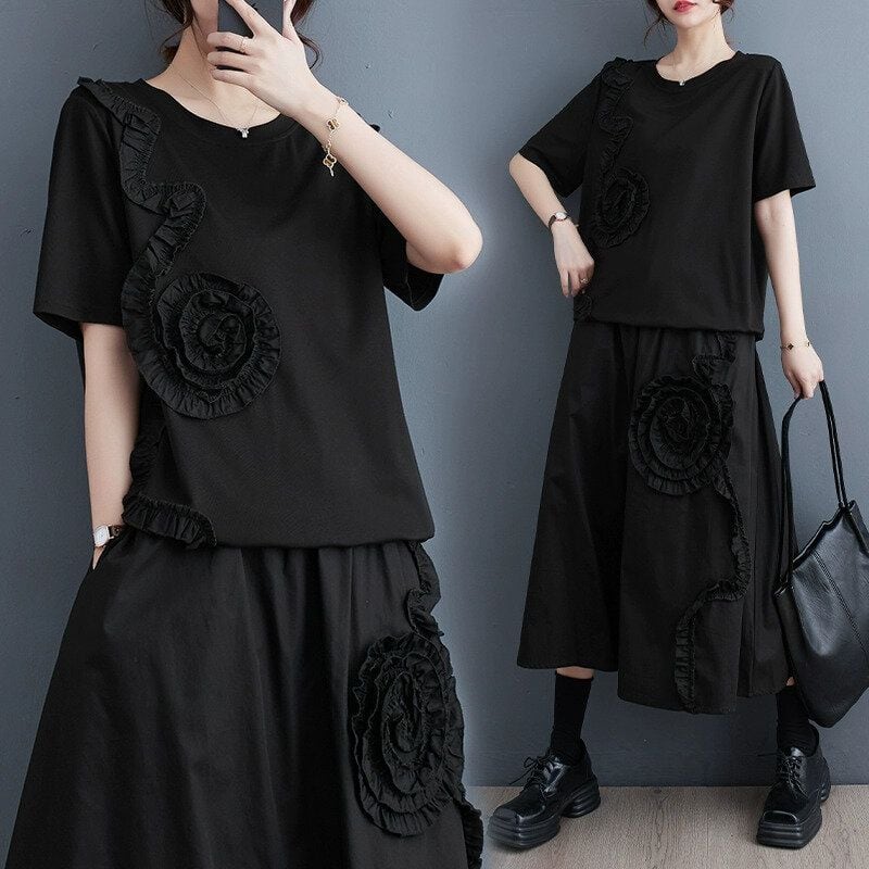 BLACK 3D FLOWER T-SHIRT & MIDI SKIRT SET 2pieces 1color M-14132