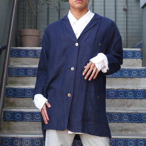 EU VINTAGE NAVY COLOR DESIGN LINEN JACKET/ヨーロッパ古着ネイビーカラーデザインリネンジャケット