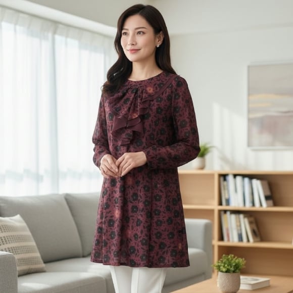 エクラタン チュニック 襟フリル フラワー柄 レッド M L 30代 40代 50代 EC223032 働く女子 通勤コーデ 大人可愛いコーディネート