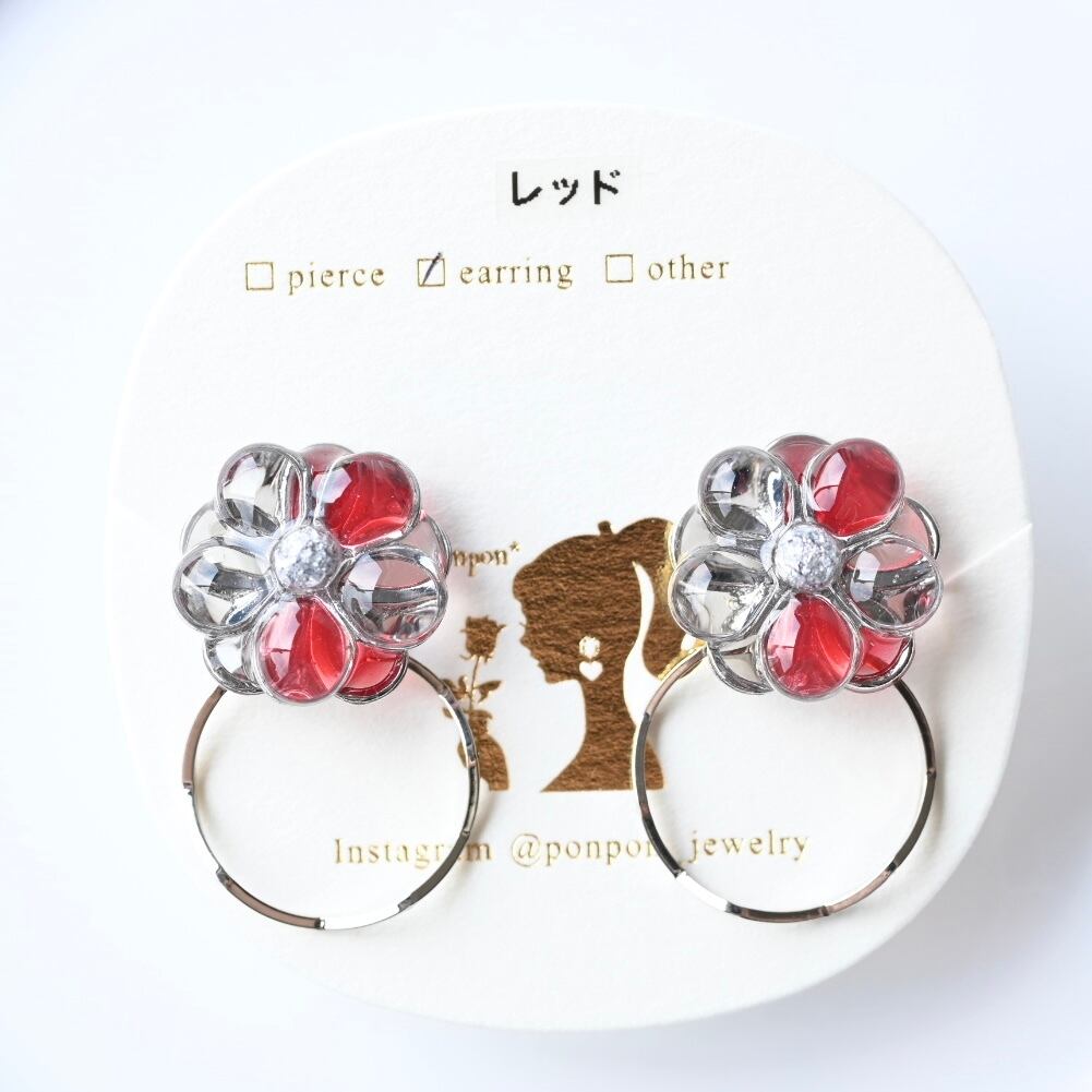はぴ★様order♡ 赤丸イヤリング込み　NO.100 レッド ラメなし イヤリング】展示使用品 petit blossom シルバー