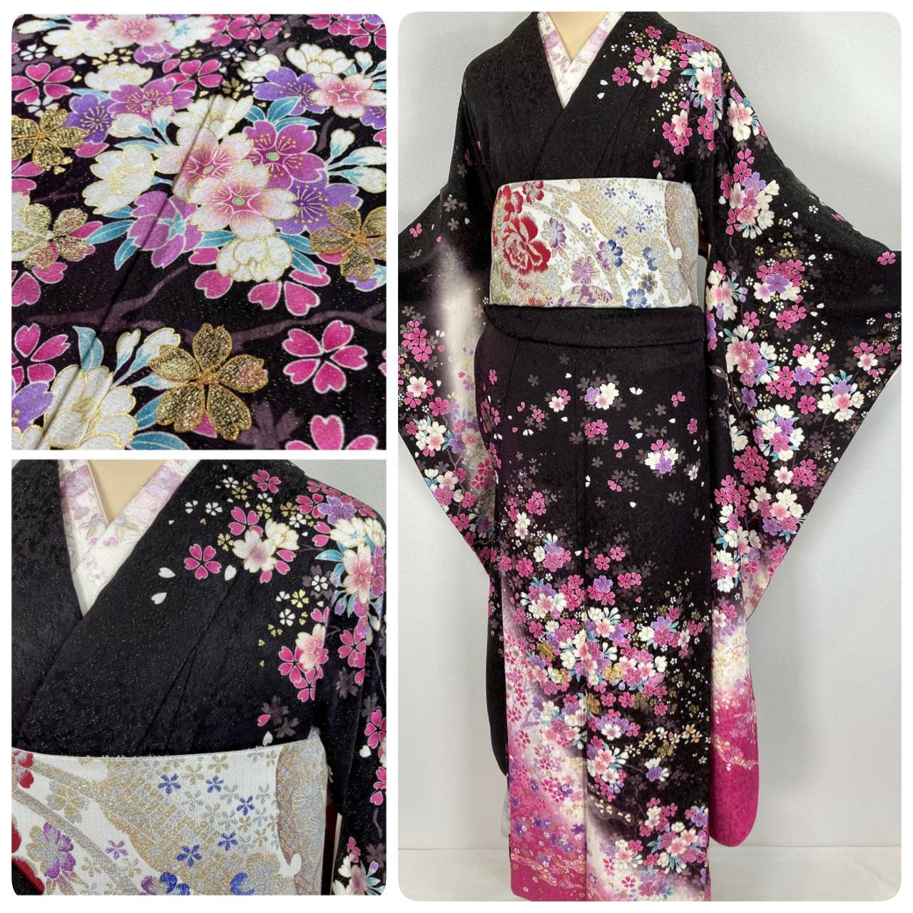 京友禅 3点セット 金通し 金駒刺繍 振袖 袋帯 襦袢 花柄 正絹 黒 白 ピンク 035