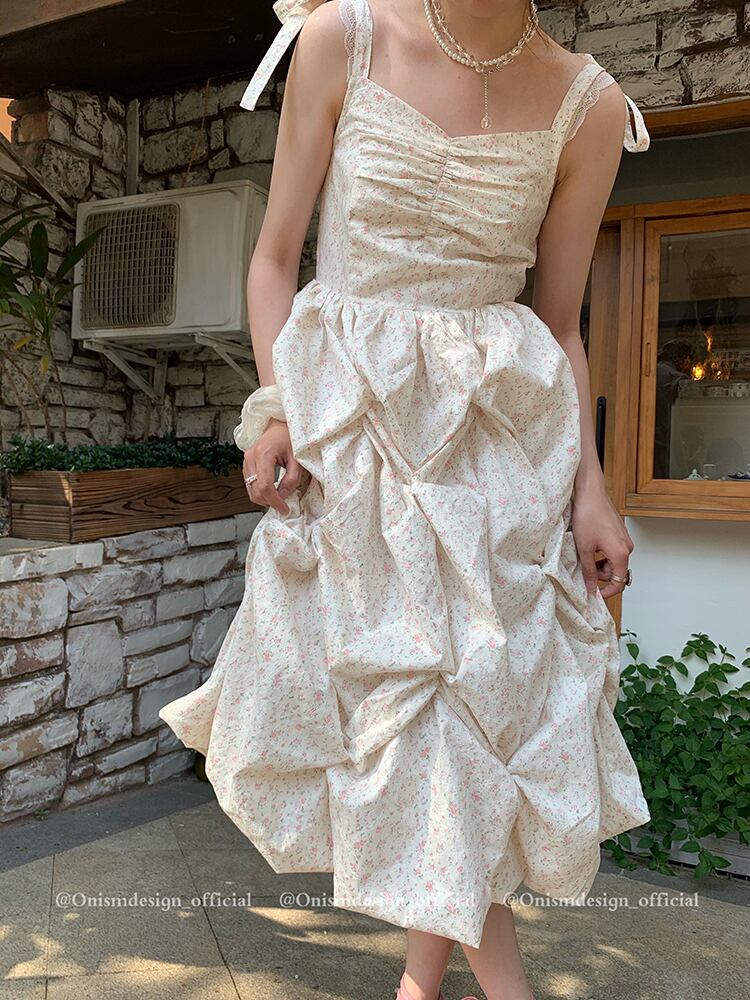 フローラルレーススカート サマープリーツハイウェストウェストスリムスタンダードドレス レトロ 夏物 花柄 ビッグFスモールZ韓国38894358784