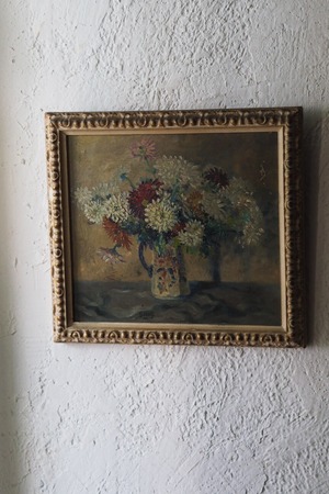 キク科植物と花瓶-antique oil painting frame