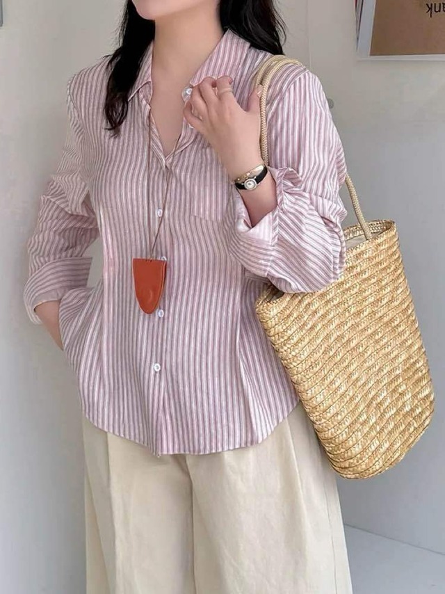 キレイ見えもカジュアルも ウエストマークストライプシャツ 大人可愛い おしゃれ ストライプ きれいめ カジュアル オフィス くびれ 体型カバー 大きいサイズ 韓国 CH11606