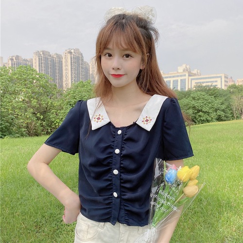 ✞ サマー刺繍半袖スリーブシャツブラウストップス ショート 夏物 ✞ゴスロリ SM ミリ 甘ロリ クラロリ 和ロリ エレガント 黒ロリ 姫ロリ 華ロリ BB-BB6637386