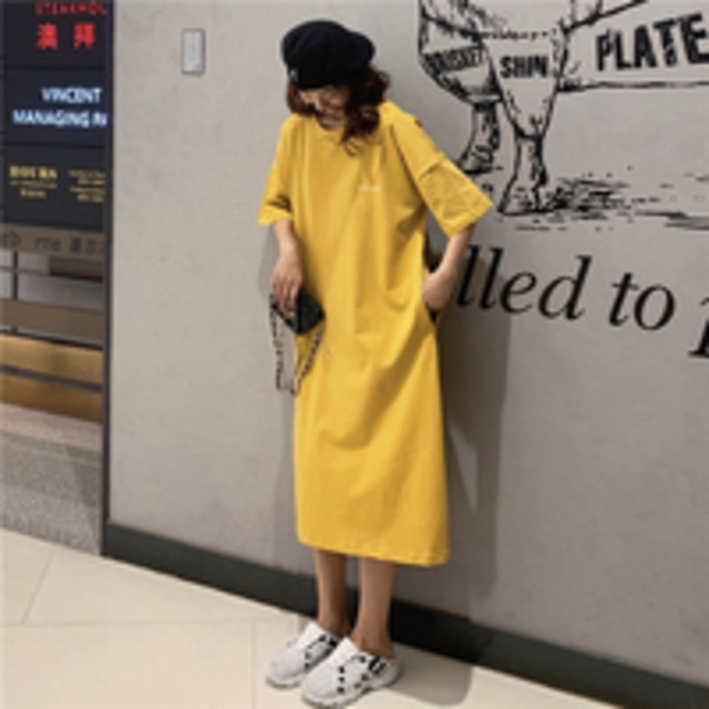 ポケット付きラウンドネック五分袖ワンピース Decollage