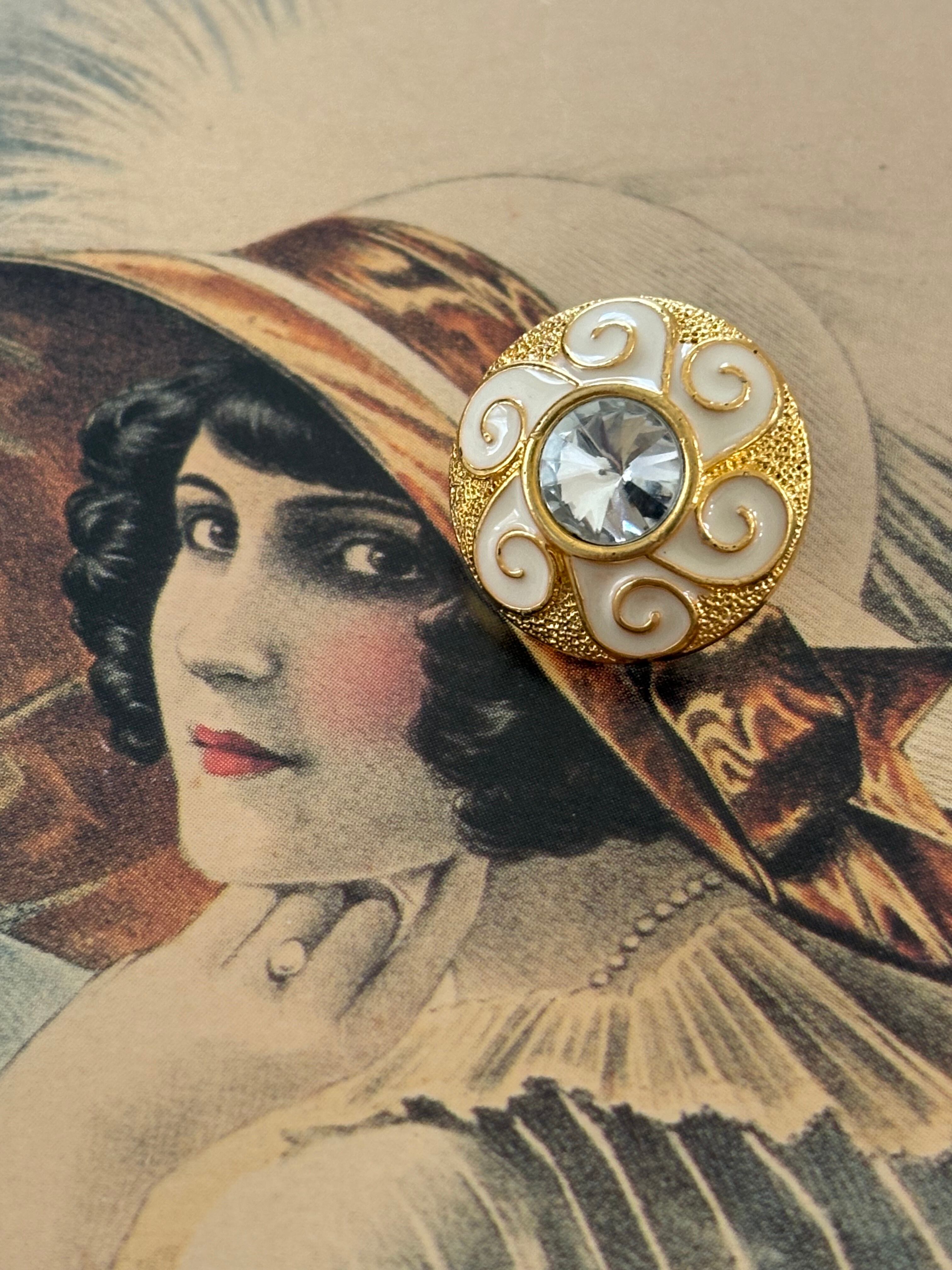 17mm Japanese ヴィンテージボタン フラワー型 ストーン ゴールド×ホワイト アクセサリーパーツ 装飾材 デコレーション材